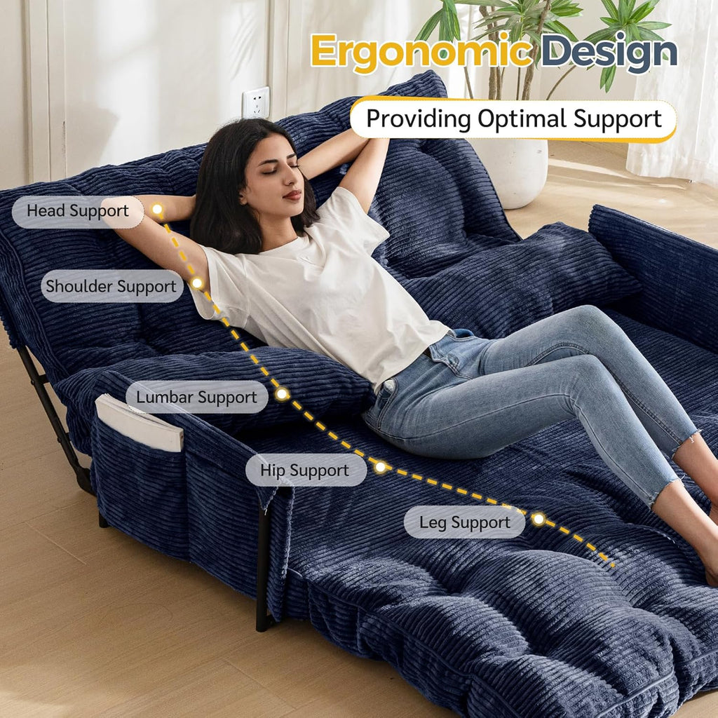 MAXYOYO Adjustable Floor Sofa Couch with 2 Pillows, Multi-Functional Bean Bag Bed, 5-Position Foldable Lazy Sofa Sleeper Bed with Armrest, Versatile Floor Seating for Reading, Navy, Double