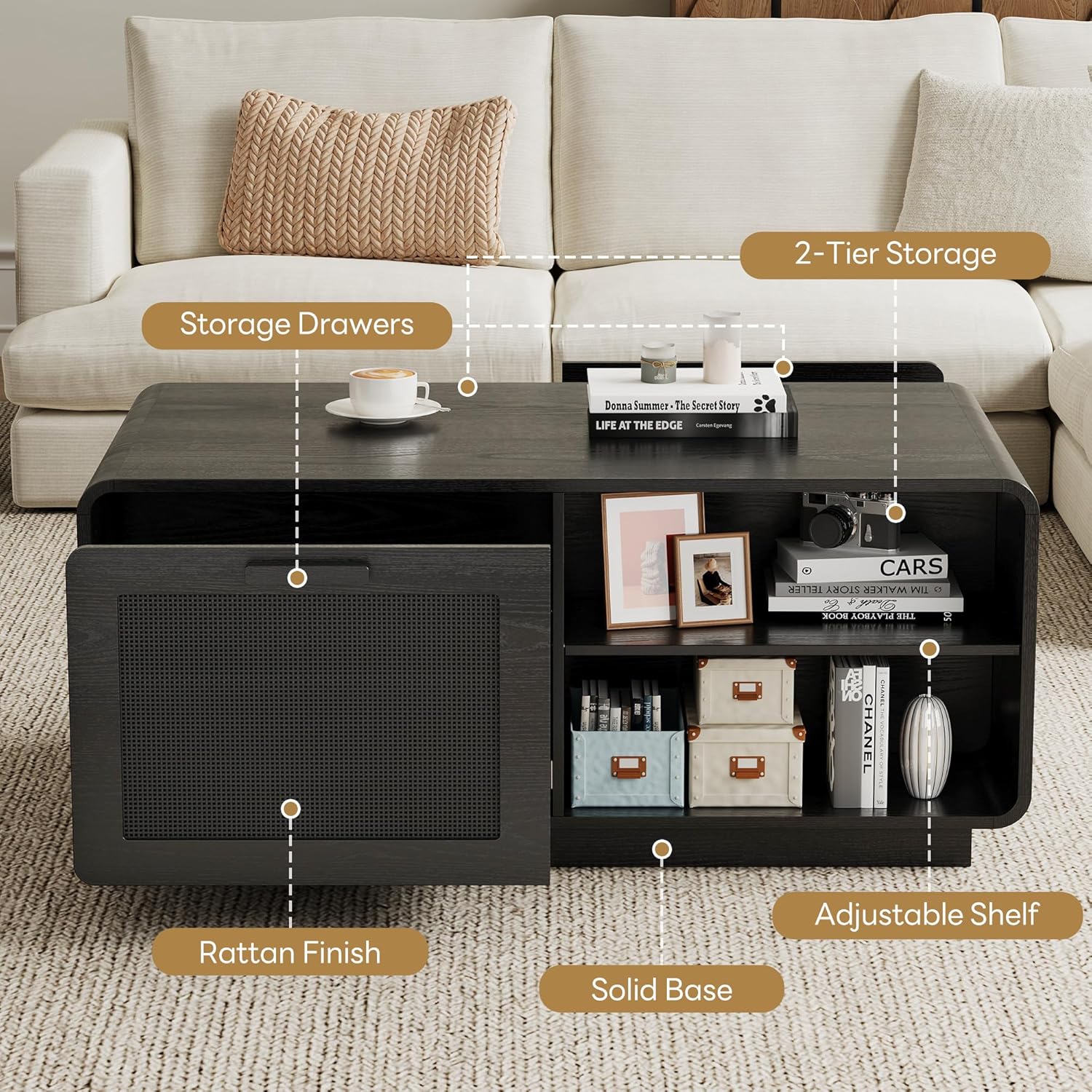 LIKIMIO 39.4" Rattan Coffee Table with Storage Drawers, Safety Curved Corners & 4-Tier Adjustable Shelves, Sturdy Base, Wood Center Table for Living Room, Black
