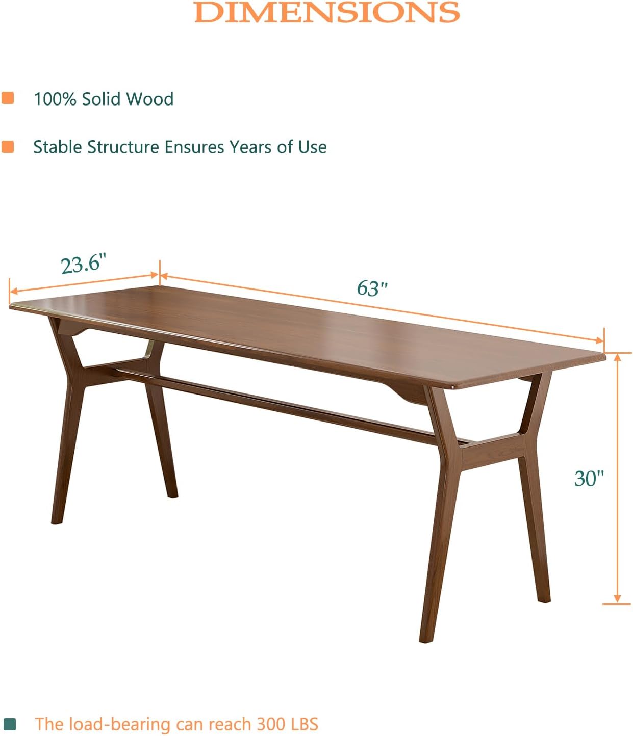 Solid Wood Study Desk - 63" Double Long Computer Table for Home Office, 2-Person PC Workstation, Walnut