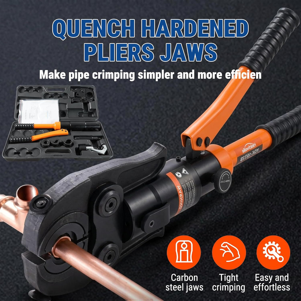HoldwellS Copper Pipe Crimping Tool 3 VUS Jaws (1/2",3/4",1") for Copper Pipes 360° Rotatable Head with Pipe Cutter & Deburring Tool, Copper Tube for Narrow Space/Tee/Elbow Fittings with Carrying Case
