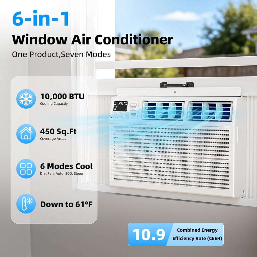 Antarctic Star 6,000 BTU Window Air Conditioner, Window AC Unit, Cools Rooms up to 250 Sq.Ft., 6 in 1 Modes Air Conditioner Window Unit with Remote Control, Easy to Install, Energy Saving, White