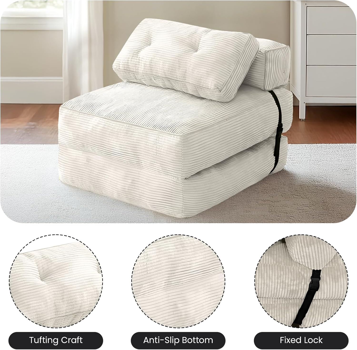tantohom Folding Sofa Bed, Convertible Sleeper Chair with Pillow Foldable Mattress with Back Support,Space-Saving Sofa for Living Room,Bedroom (White)
