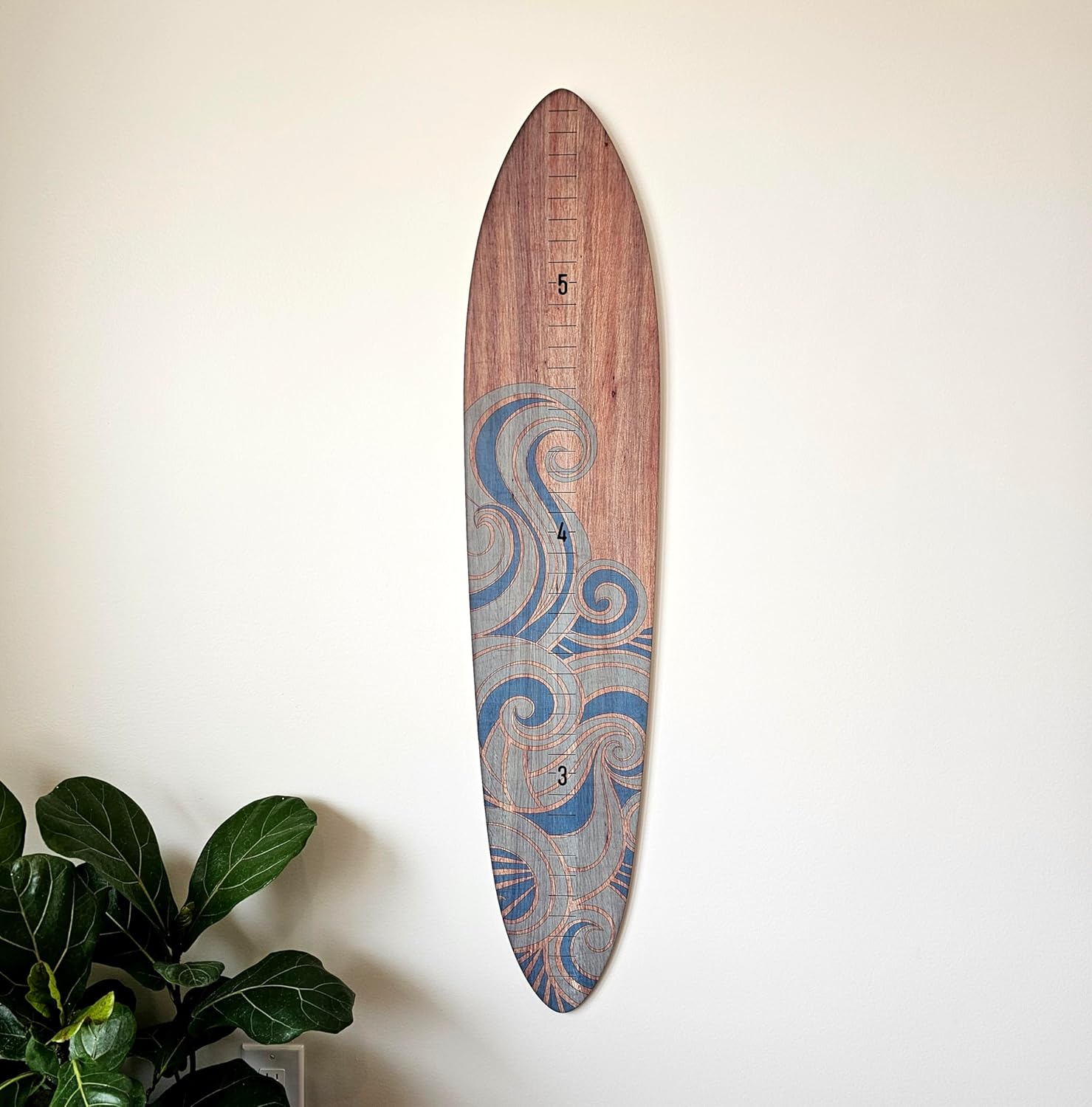 HEADWATERS STUDIO Wooden Surfboard Wall Decor Growth Chart - Surf Board Wall Decor for Kids Room, Wooden Growth Chart for Wall, Surfboard Wall Art, Surfboards for Decoration - Blue Wave (9.5"x 45")
