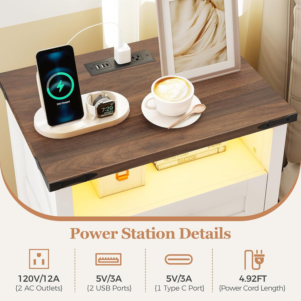 Turosur Night Stand with Charging Station 22" Large Farmhouse Nightstands with 3 Drawers and Open Storage Smart Bedside Table with Human Sensor LED Light End Tables for Bedroom White