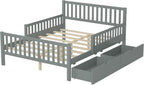 Merax Full Bed Frame with Storage Drawers and Safety Guardrails on Both Sides, Wood Platform Bed & Headboard and Footboard for Kids, Boys, Gilrls, Solid Slats Support, No Box Spring Needed, Gray