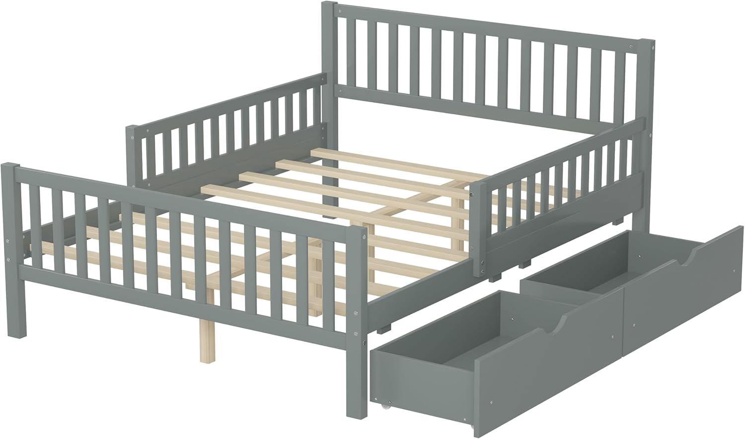 Merax Full Bed Frame with Storage Drawers and Safety Guardrails on Both Sides, Wood Platform Bed & Headboard and Footboard for Kids, Boys, Gilrls, Solid Slats Support, No Box Spring Needed, Gray