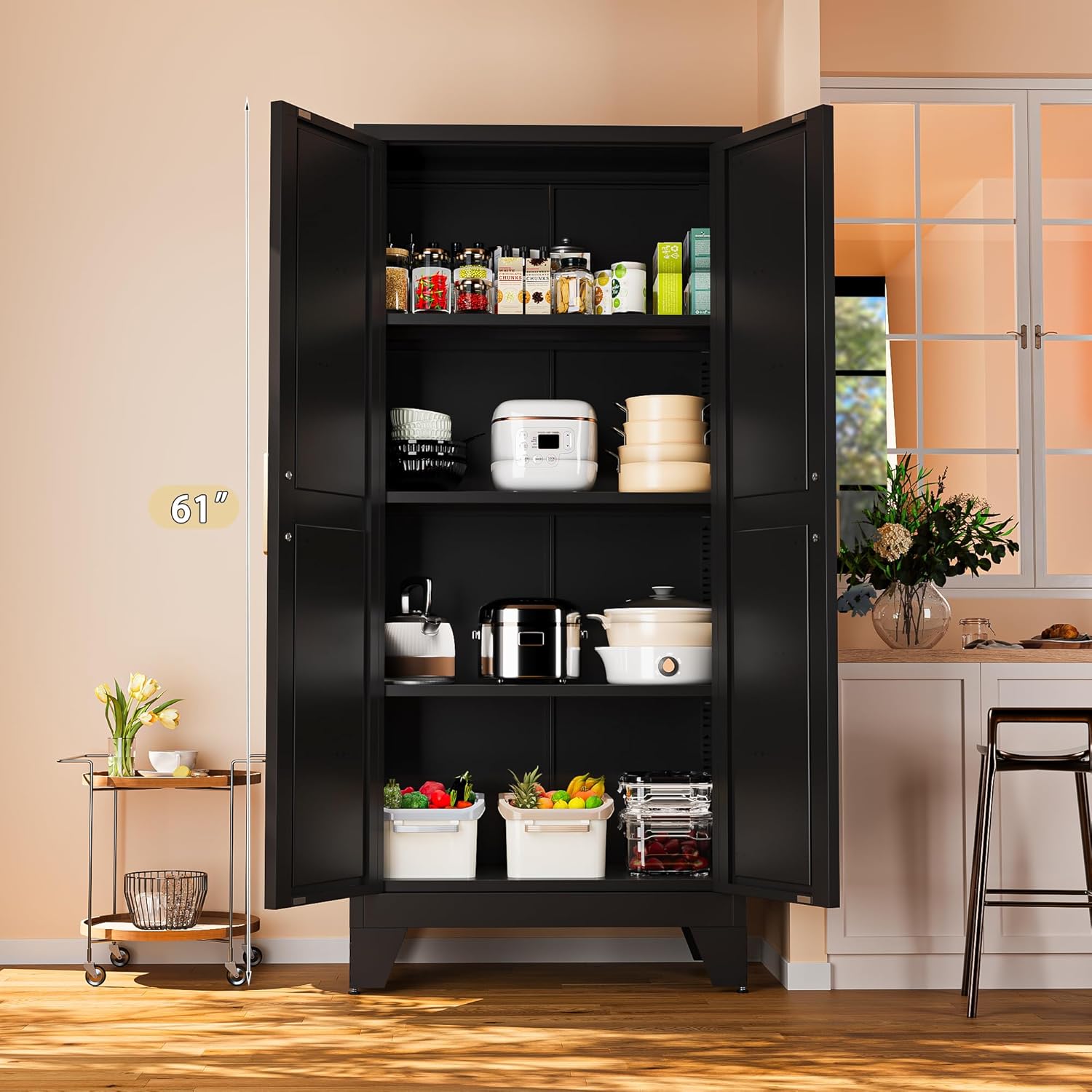 61" Tall Farmhouse Metal Pantry Cabinet, Kitchen Pantry Storage Cabinets with 2 Barn Door and Adjustable Shelves,Metal Pantry Storage Cabinet,for Kitchen,Laundry Room,Home Office,Kids Room (Black)