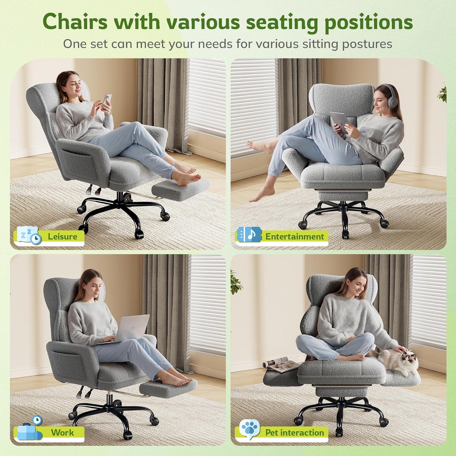 Big and Tall Office Chair with Adjustable Arms and Back, Ergonomic Office Chair with Footrest and Comfortable Fabric for Home Office, Bedroom,Grey