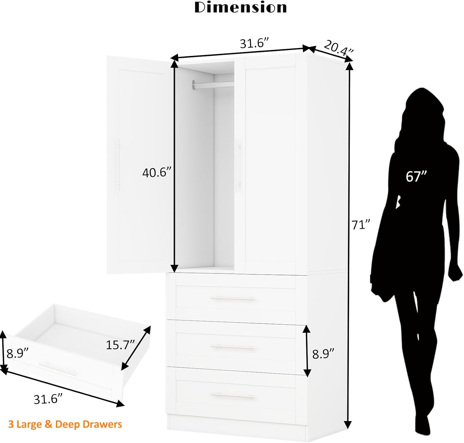 Armoire Wardrobe Closet with 3 Deep Drawers and Doors 71" Clothing Storage Cabinet with Hanging Rod Wooden Wardrobe Cabinet for Bedroom, Large Capacity Storage White