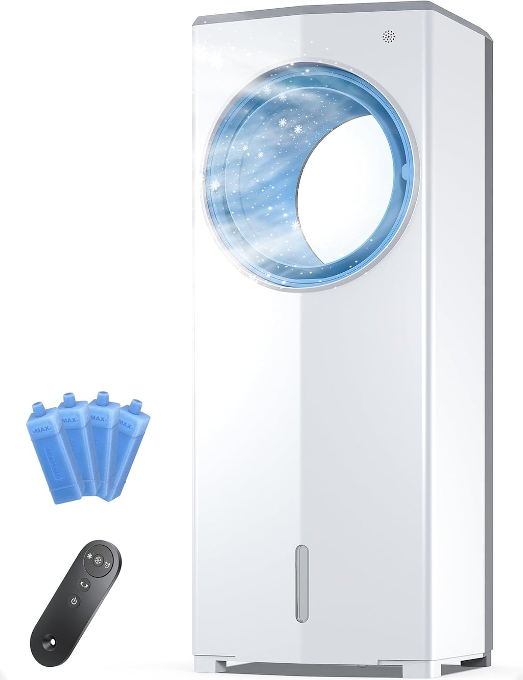 Windowless Portable Air Conditioner, 26.1" Small Evaporative Air Cooler for Room No Window, 3-Speed Settings, 4 Modes, 7H Timer, Remote Control, 4 Ice Packs, Quiet AC Unit for Bedroom, White