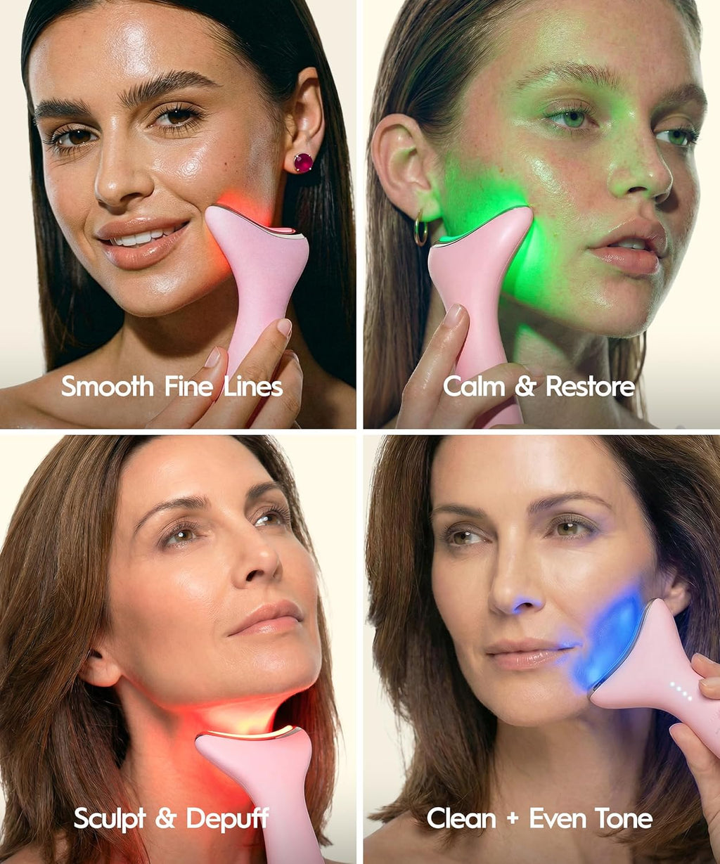 REVO Genie Facial Massager for Face and Neck, LED Face Lift Device with Heat & Vibration, Lymphatic Drainage Depuffing Tool, Red Blue Green Light Therapy for Skin Tightening & Skincare Absorption