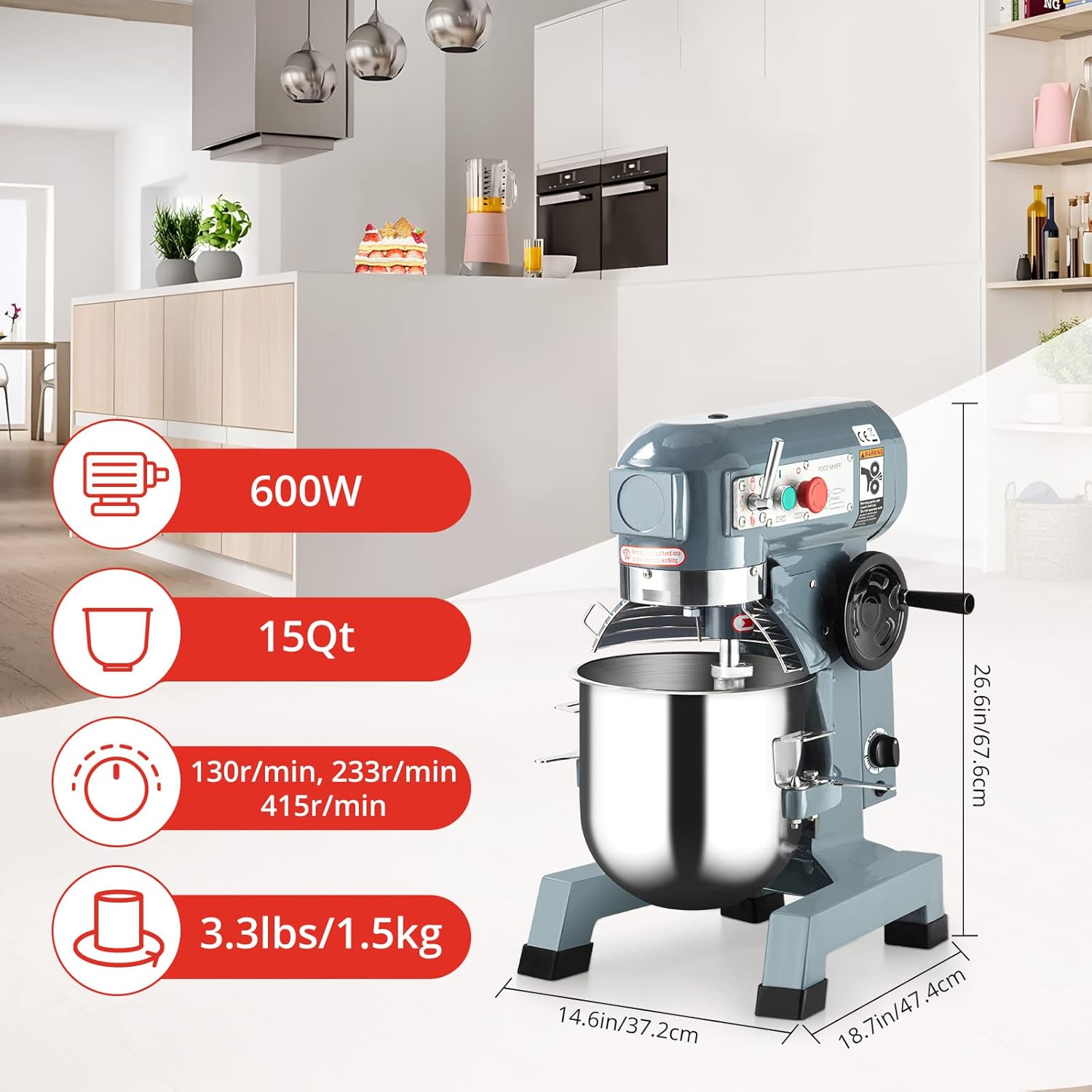Towallmark 15QT 600W Commercial Food Mixer, 3 Speeds Adjustable, Stainless Steel Bowl Stand Mixer With Safety Guard, Premium for Bakeries Restaurants Pizzerias
