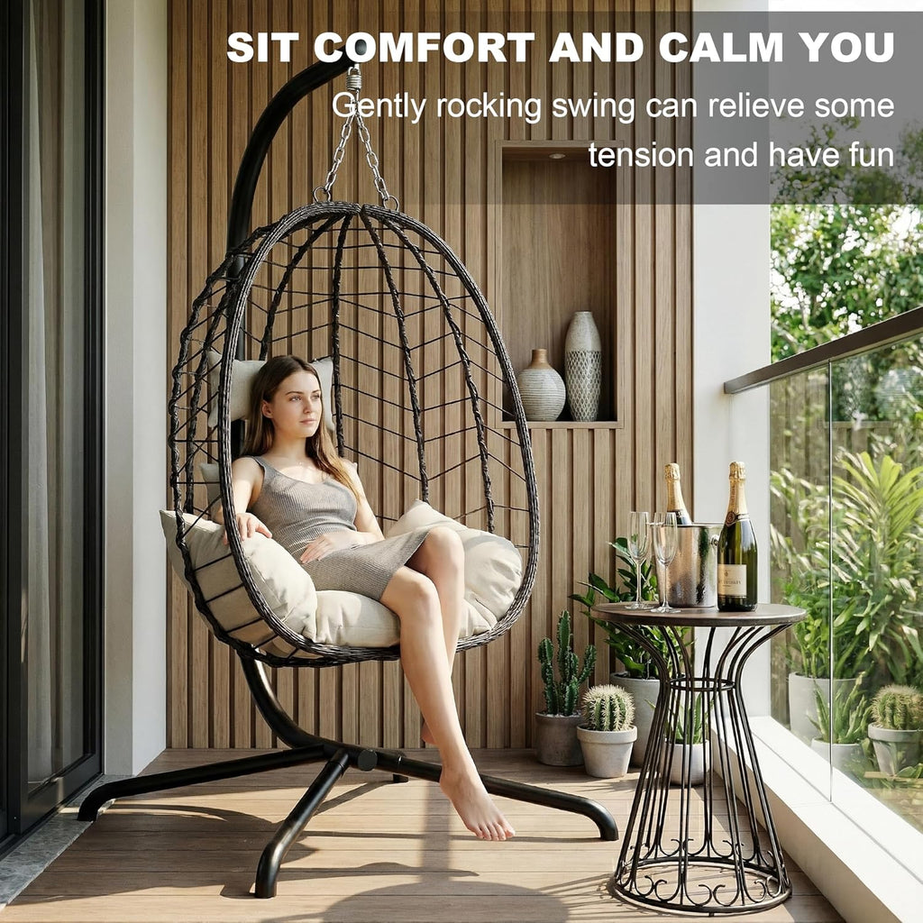 LEX CRAFT Hanging Egg Chair with Stand, Swinging Egg Chair Outdoor Indoor, Hanging Basket Chair with Cushion, Patio Wicker Hammock Chair 350lbs Capacity for Porch, Balcony, Backyard, Garden (Beige1)