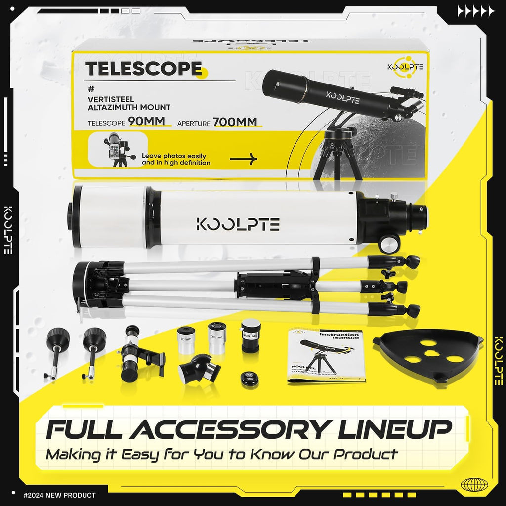 Telescope 90mm Aperture 700mm with Vertisteel AZ Mounting Slow-Motion Mount  High Power Telescopes for Adults Astronomy  Easy for Beginners  with Carry Bag Wireless Remote Control  Phone Adapter White