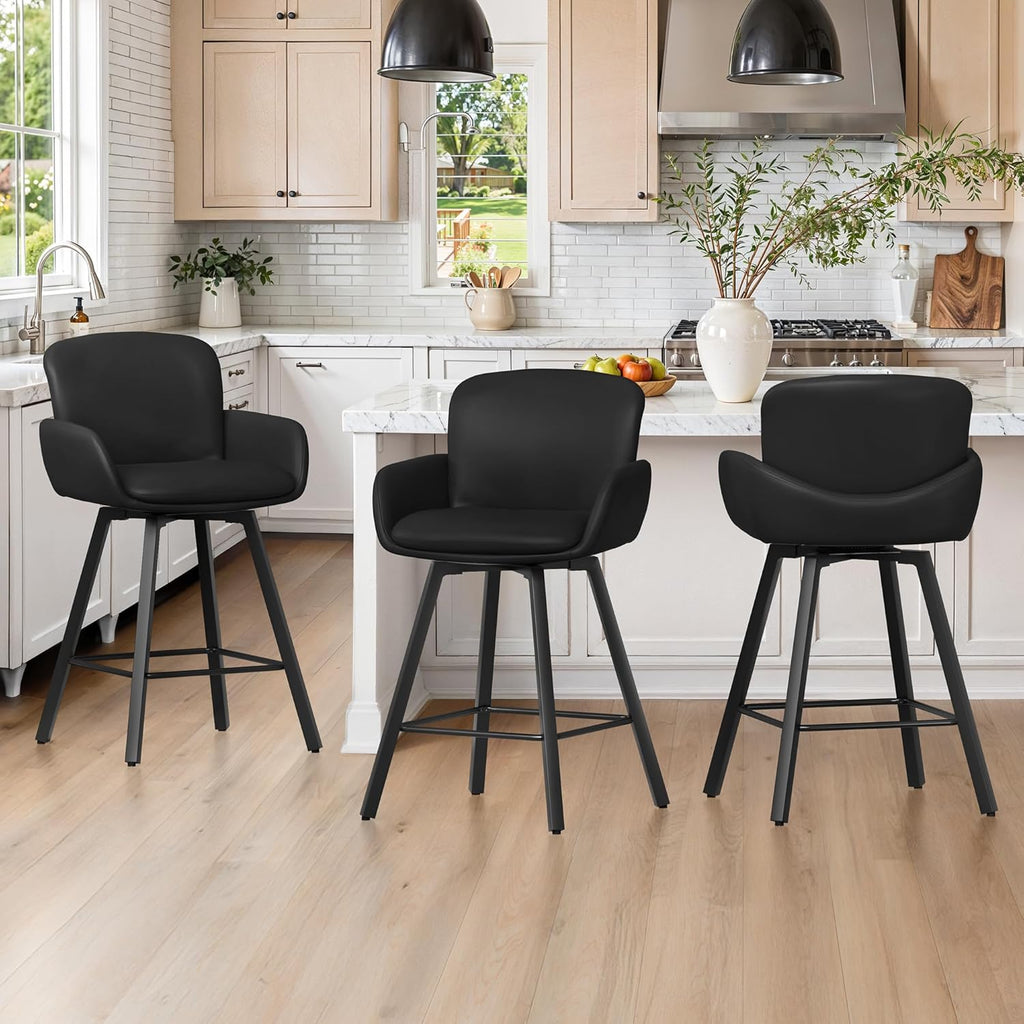 LUE BONA 26" Swivel Bar Stools Set of 3, Counter Height Bar Stools with Backrest and Arms, Modern Upholstered Barstools with Metal Legs for Kitchen Island, Black