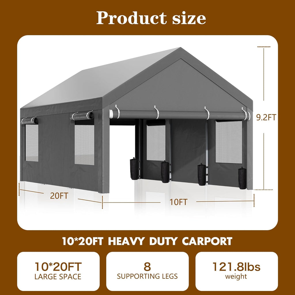 Nuturelly 12x20 FT Carport, Heavy Duty Carport Canopy with Roll-up Windows, Portable Garage with Removable Sidewalls & Doors, Car Canopy with All-Season PE Tarp for Car, Truck, Boat,Gray