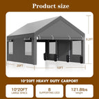 Nuturelly 12x20 FT Carport, Heavy Duty Carport Canopy with Roll-up Windows, Portable Garage with Removable Sidewalls & Doors, Car Canopy with All-Season PE Tarp for Car, Truck, Boat,Gray