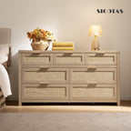 SICOTAS 7 Drawer Dresser for Bedroom, 57" Wide Rattan Dressers, Large Chest of Drawers for Bedroom, Dresser TV Stand, Boho Closet Organizer (Reclaimed Light Oak, 7 Drawers (1 pc))