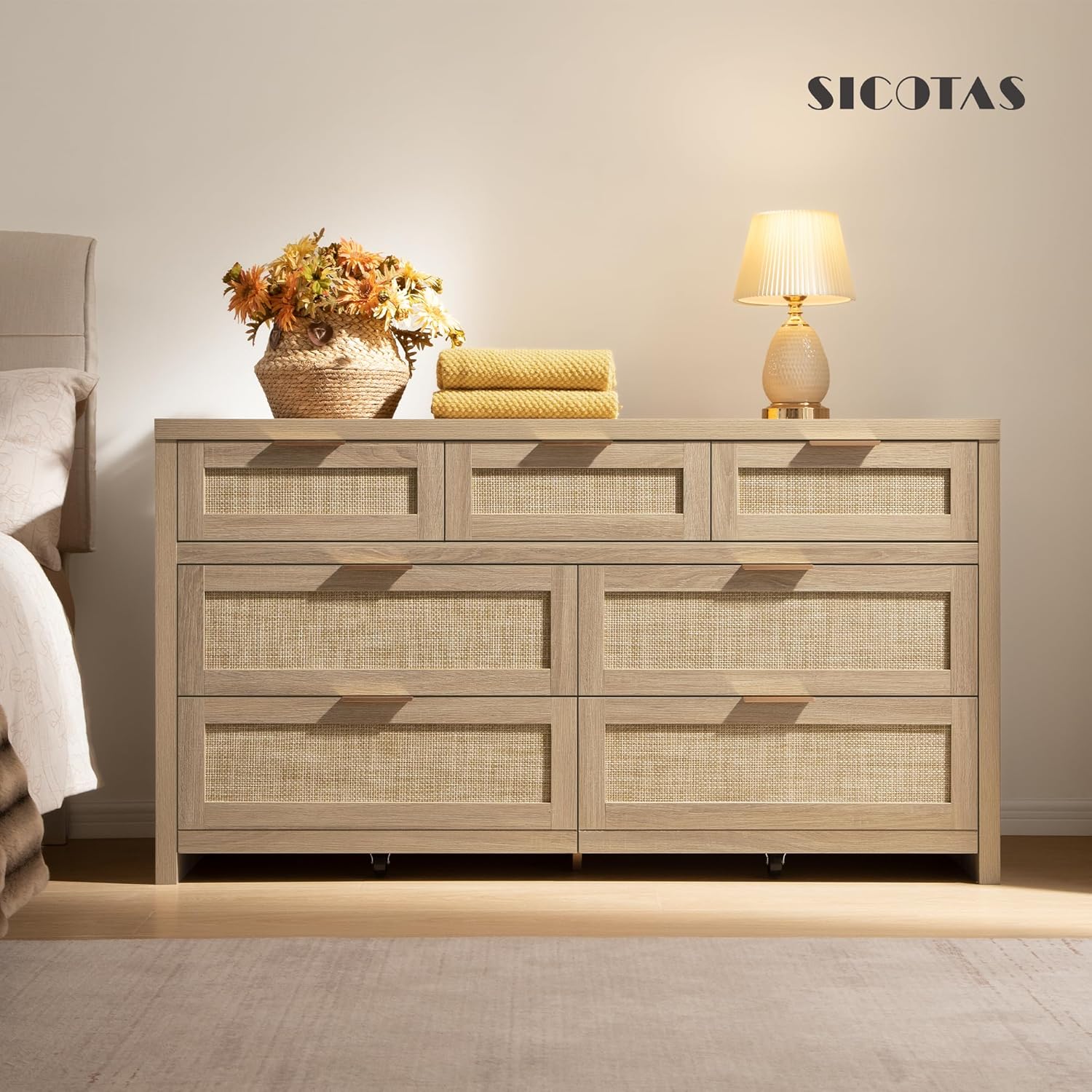 SICOTAS 7 Drawer Dresser for Bedroom, 57" Wide Rattan Dressers, Large Chest of Drawers for Bedroom, Dresser TV Stand, Boho Closet Organizer (Reclaimed Light Oak, 7 Drawers (1 pc))
