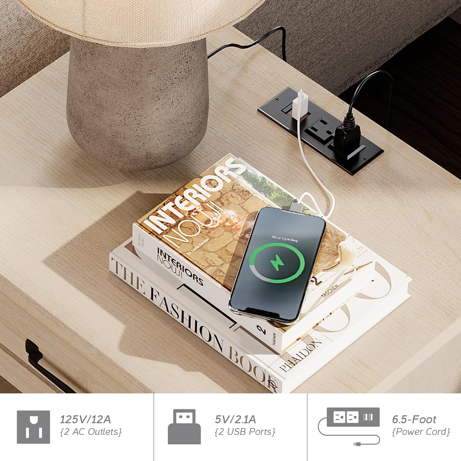 WAMPAT Mid Century End Table Nightstand with Charging Station, Small Side Table with 2 Drawers & Storage Shelf for Living Room, Light Wood Night Stand Bedside Table for Bedroom, Beige