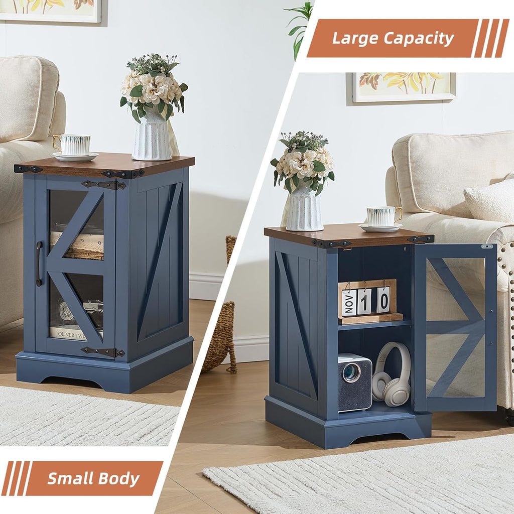 Farmhouse End Table Set 3, Narrow 18'' Night Stand with Glass Barn Door, 24" Square Side Table with Charger Station, Living Room Furniture Sets, Wood Nightstand Bedside Tables for Bedroom