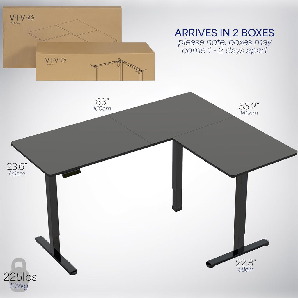 VIVO Corner Standing Desk, 63 x 55 inch Reversible L-Shaped Workstation, Electric Height Adjustment, Home, Office, and Reception Rooms, Black Table Top Black Frame, DESK-E3CTB