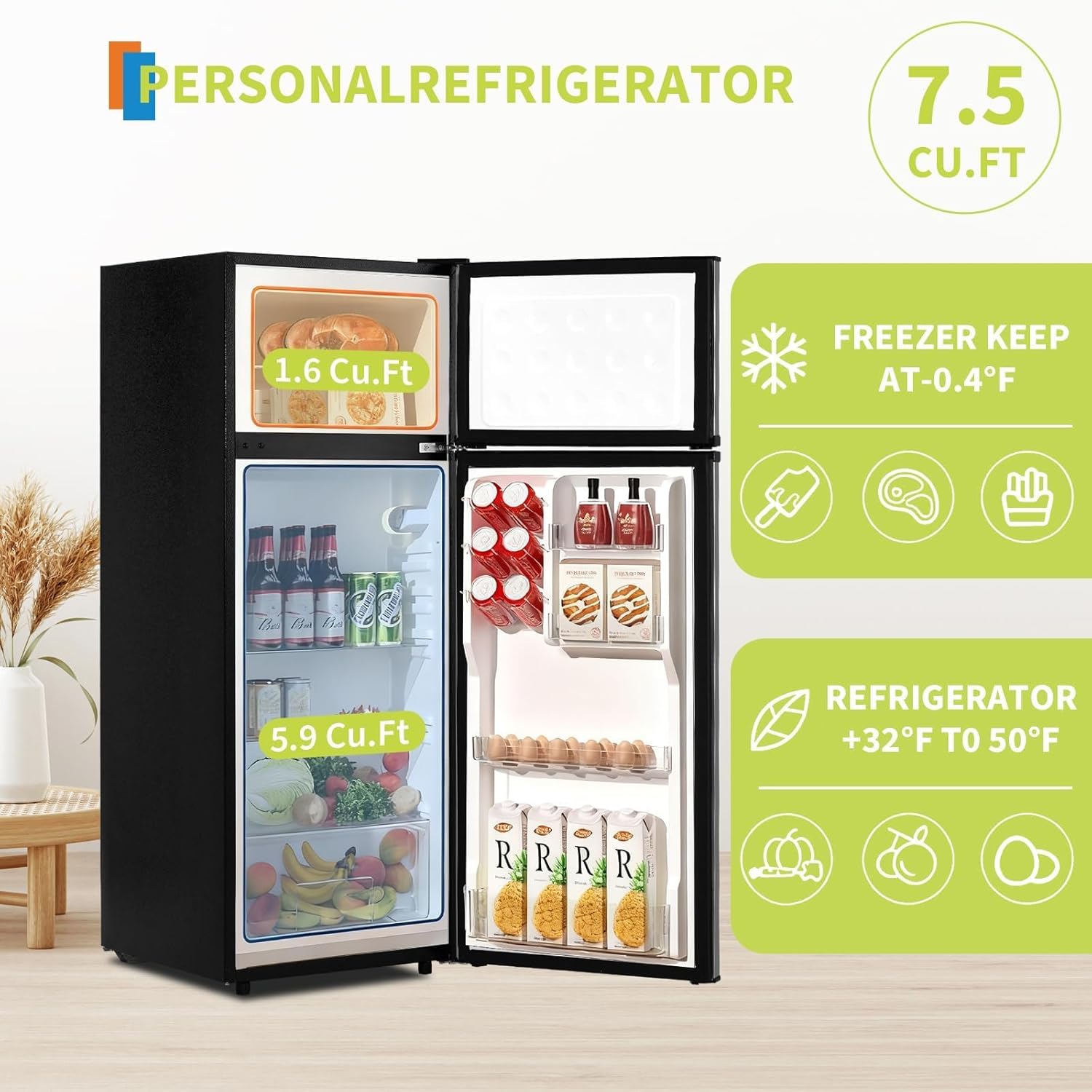 7.5 Cu.Ft Refrigerator with Freezer, 2 Door Fridge, 7 Settings Temperature Adjustable, Large Capacity, Food Storage or Cooling drinks,for Dorm, Office, Bedroom, Kitchen, Bar Use