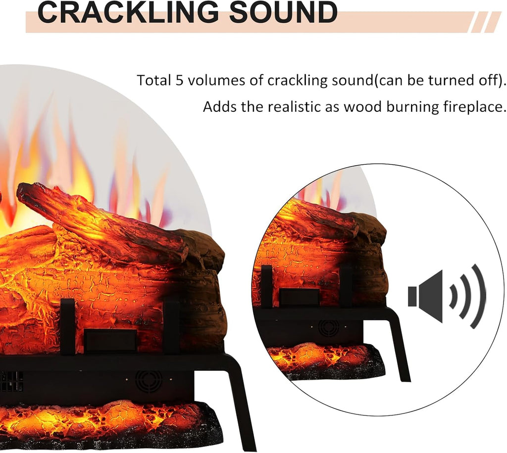 PuraFlame 24" Free Standing Electric Fireplace Log Set Insert, 750W/1500W Heater, 6 Flame Colors with 5 Brightness, Crackling Sound, Remote Control