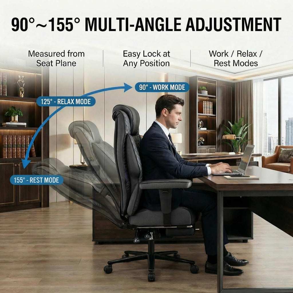 Big and Tall Office Chair 500lbs - 23.6" Extra Wide Seat Ergonomic Executive Chair, Heavy Duty Metal Base High Back Leather Office Chair with Footrest, Lumbar Support & Adjustable Arm, Black