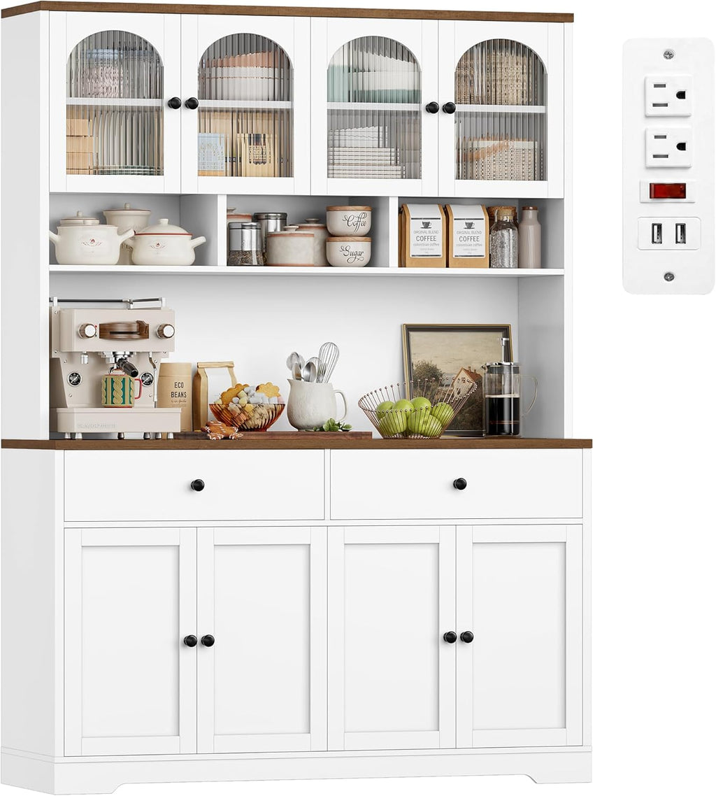FINETONES 71" Pantry Cabinet, Tall Kitchen Pantry Storage Cabinet with Charging Station, 47.2" Wide Kitchen Hutch Food Storage Cabinets with Open Countertop for Dining Room, White