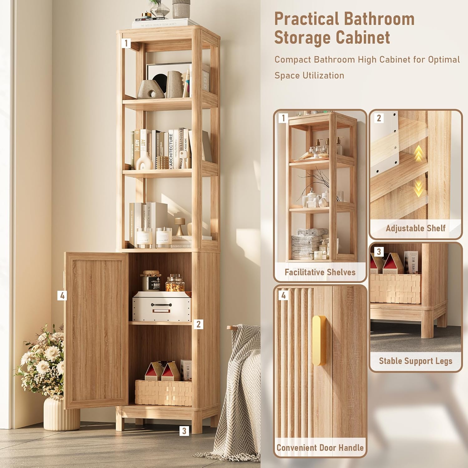 INNOD 68'' Tall Narrow Storage Cabinet with Adjustable Shelf and Door, Bathroom Storage Cabinet, Space Saver for Bathroom, Kitchen, Living Room, Natural Oak