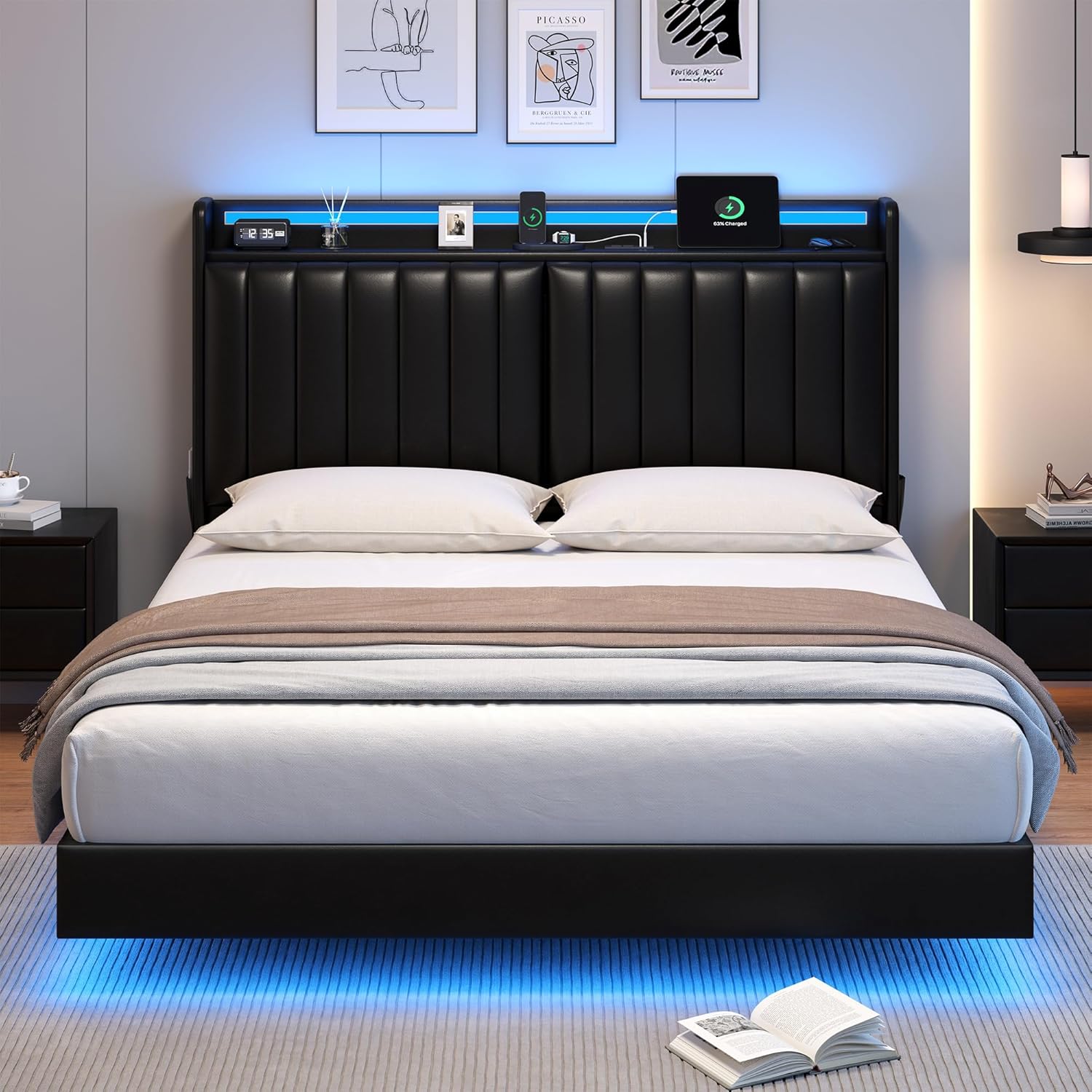 Queen Size Floating Bed Frame with Ergonomic Hidden Storage Headboard and LED Lights, Visual Floating LED Bed Frame with Charing Station, Leather Upholstered Platform Bed, Heavy Duty, Black