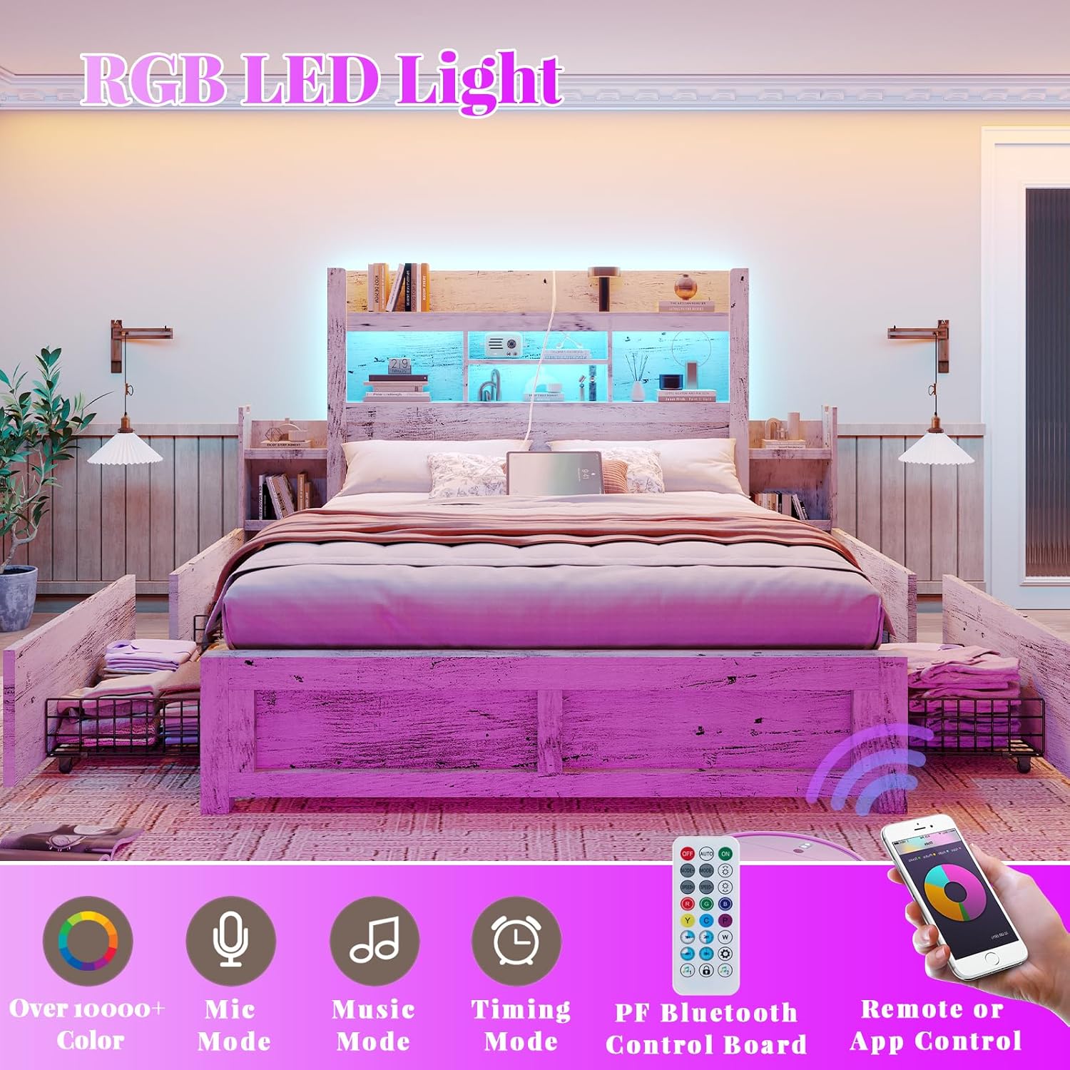 Queen Bed Frame with 49.6" Bookcase Headboard & 4 Drawers & 2 Detachable Bedside Stoage Racks, Farmhouse Wood Bed Frame with RGB LED & Charging Station, No Box Spring Needed, Distressed White