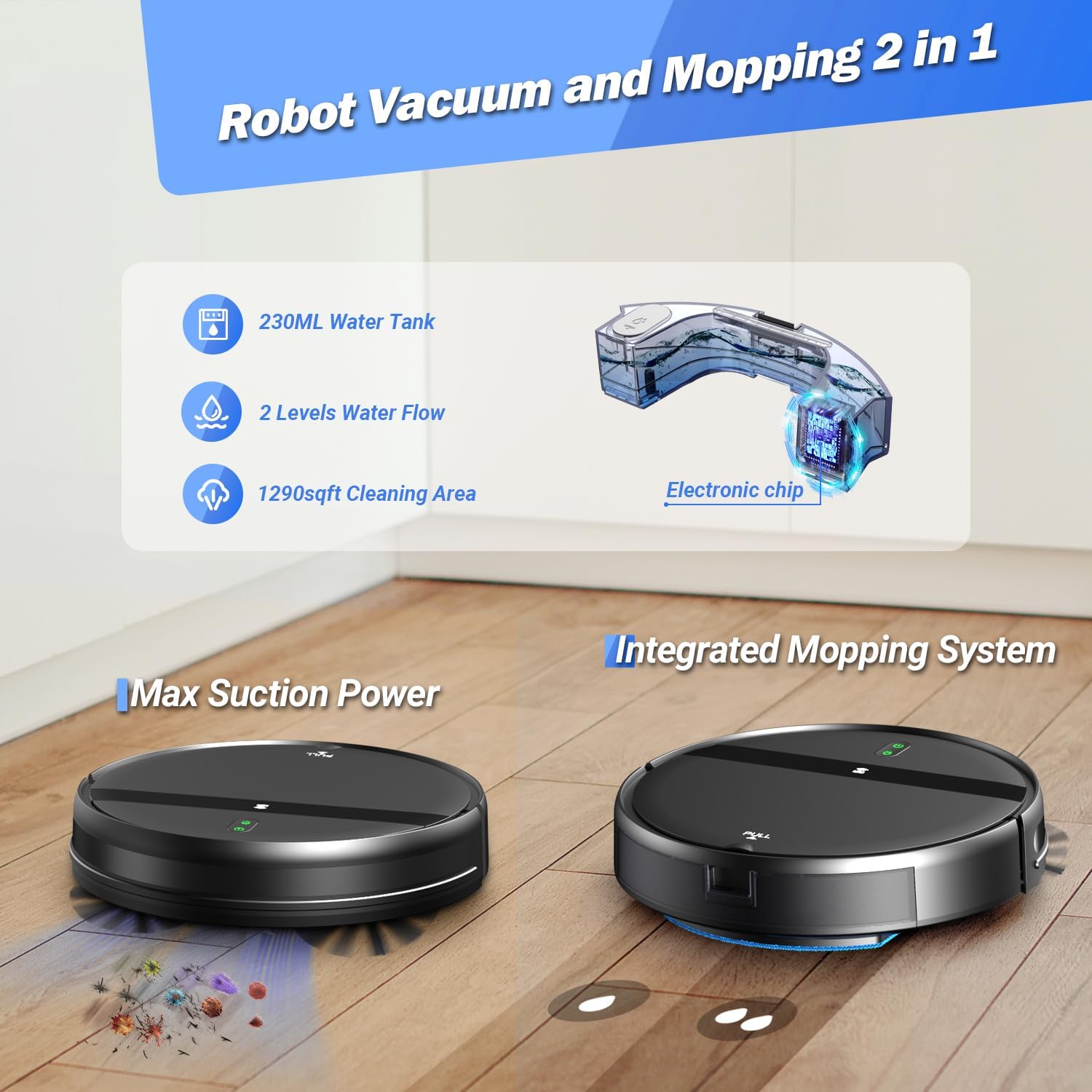 Kilgone Ultra-Slim 2.8in Robot Vacuum & Mop, Quiet 65dB, No-Tangle, Smart 3D Obstacle Avoidance, 2H Runtime for Pet Hair, Hard Floor & Low-Pile Carpet, App/Alexa