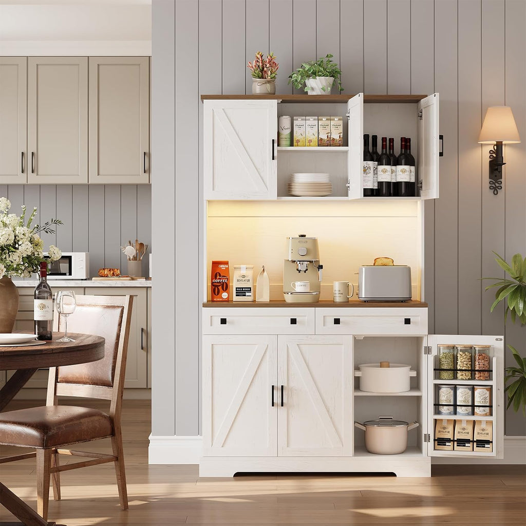 71" Kitchen Pantry Cabinet with Charging Station & LED Lights, Tall Kitchen Storage Cabinet with Hutch Coffee Bar, Farmhouse Pantry with Door Shelf & pull out Shelf for Dining Room Kitchen, White