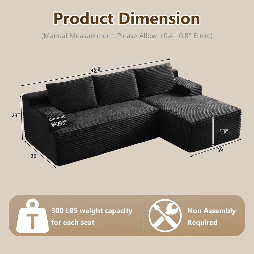96" Cloud Sectional Sofa, Boneless Couch for Living Room, Modular Sectional Sofa with Deep Seat, Fluffy Comfy Corduroy Couch with L-Shaped Chaise, No Assembly Required (Black, Right Facing)