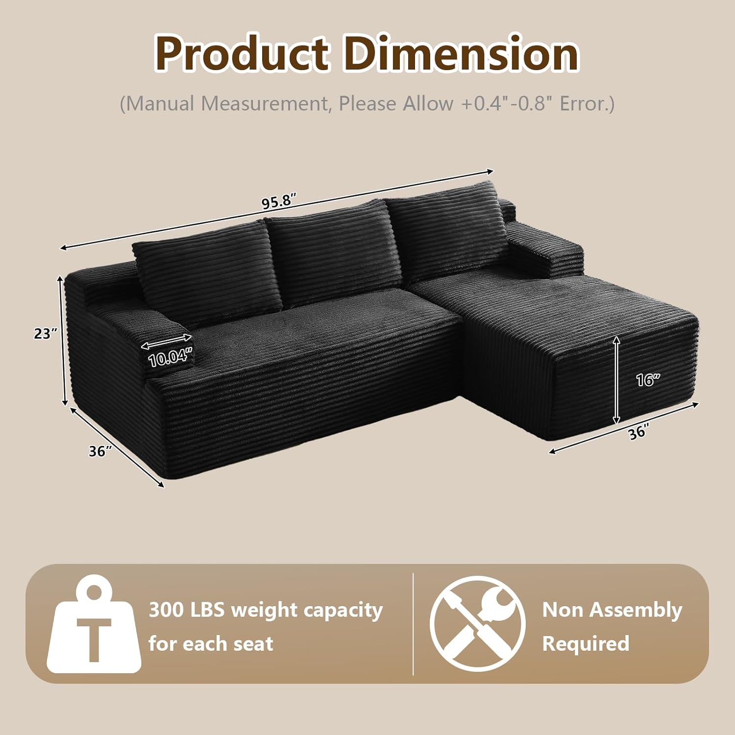 96" Cloud Sectional Sofa, Boneless Couch for Living Room, Modular Sectional Sofa with Deep Seat, Fluffy Comfy Corduroy Couch with L-Shaped Chaise, No Assembly Required (Black, Right Facing)