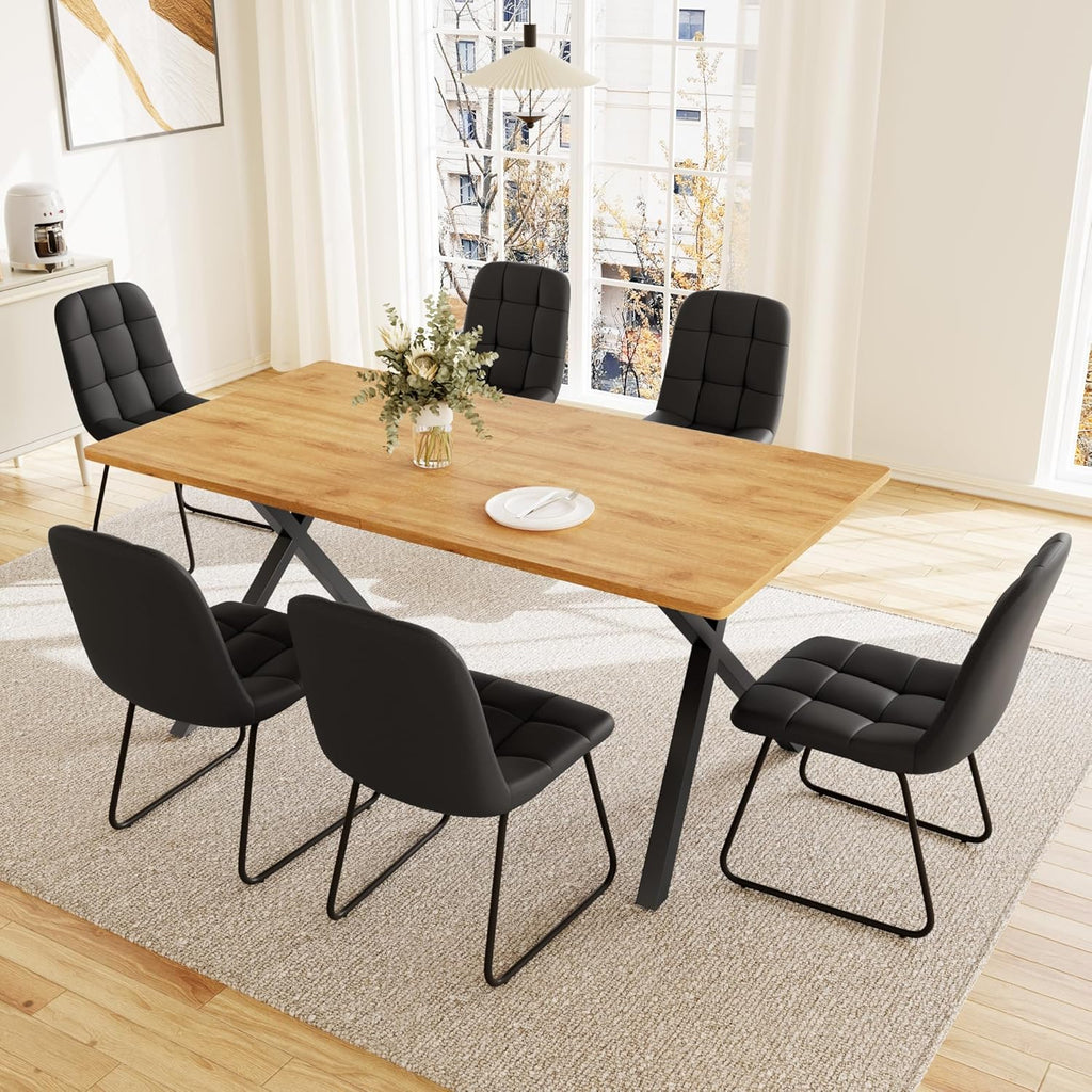 7-Piece Dining Table Set for 6 People, 63" MDF Kitchen Table with 6 Upholstered Chairs, Metal Legs for Dining Room, Kitchen(Oak Table+6 U-Shaped Black Chairs)