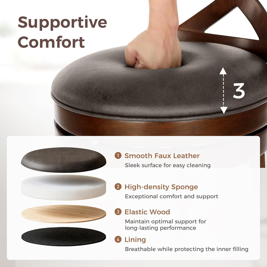 MAISON ARTS Swivel Bar Stools Set of 4, 30 Inch Bar Height Barstools with Backs, PU Leather Upholstered Seat Wood Bar Chairs with Wrap-Around Footrest for Kitchen Island, Pub, Walnut