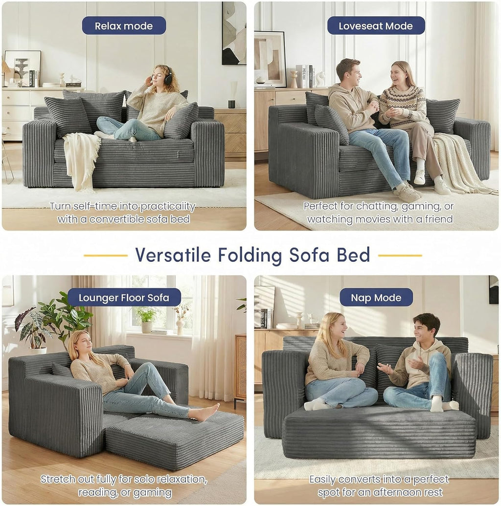 Boneless Couch Loveseat Sleeper, Convertible Sofa Bed Folding Couch Bed Foldable, 2 in 1 Boneless Chair Bed & Futon Sofa Bed, Small Pull Out Sofa with 4 Pillows for Living Room, Grey | No Assembly, Convertible, 2 in 1, Pull Out Handle, 4 Pillows