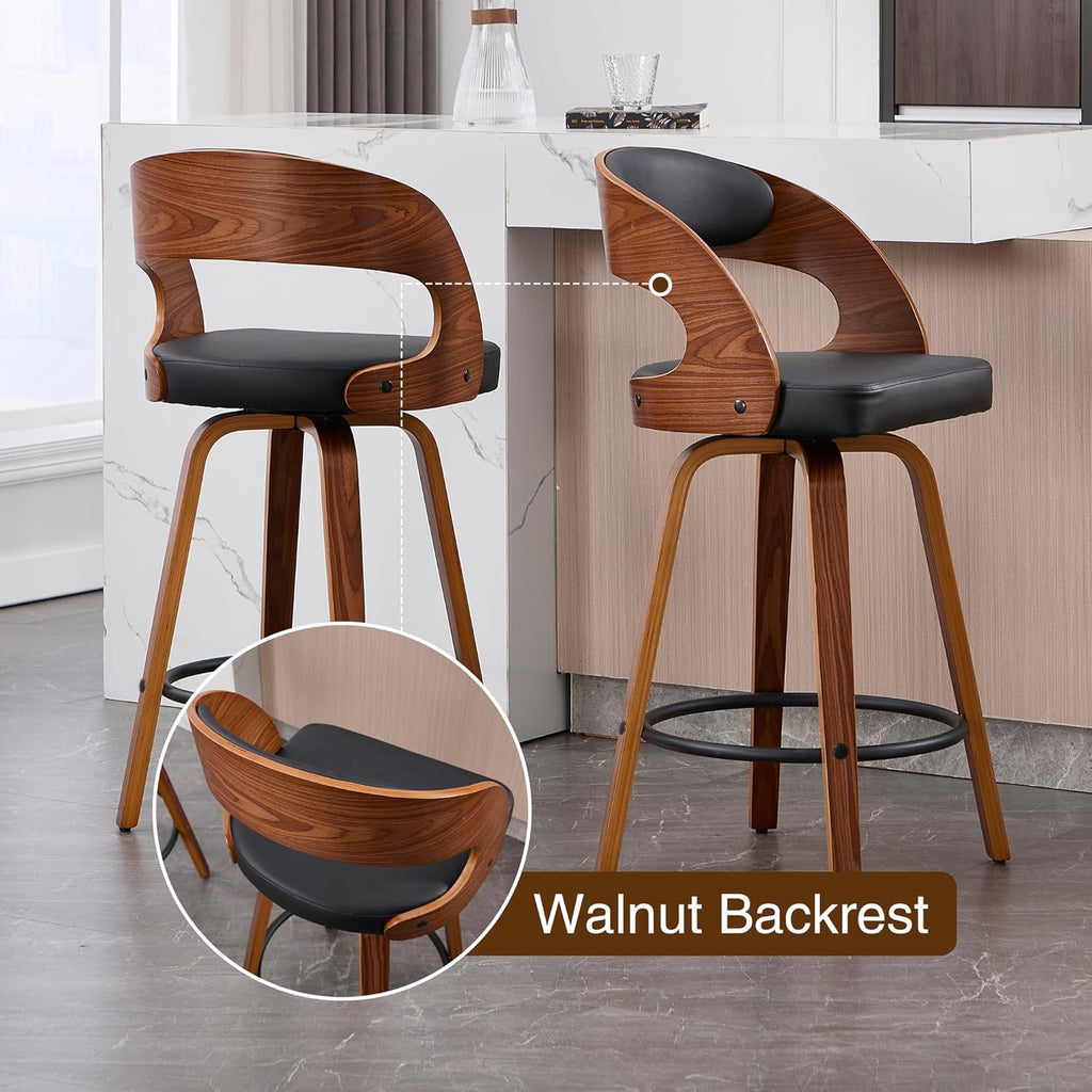 Swivel Bar Stools Set of 2, Walnut Counter Height Bar Stools with Back and Arms, 26" Modern Faux Leather Upholstered Bar Chairs with Bentwood Frame for Kitchen Island Bar - Black