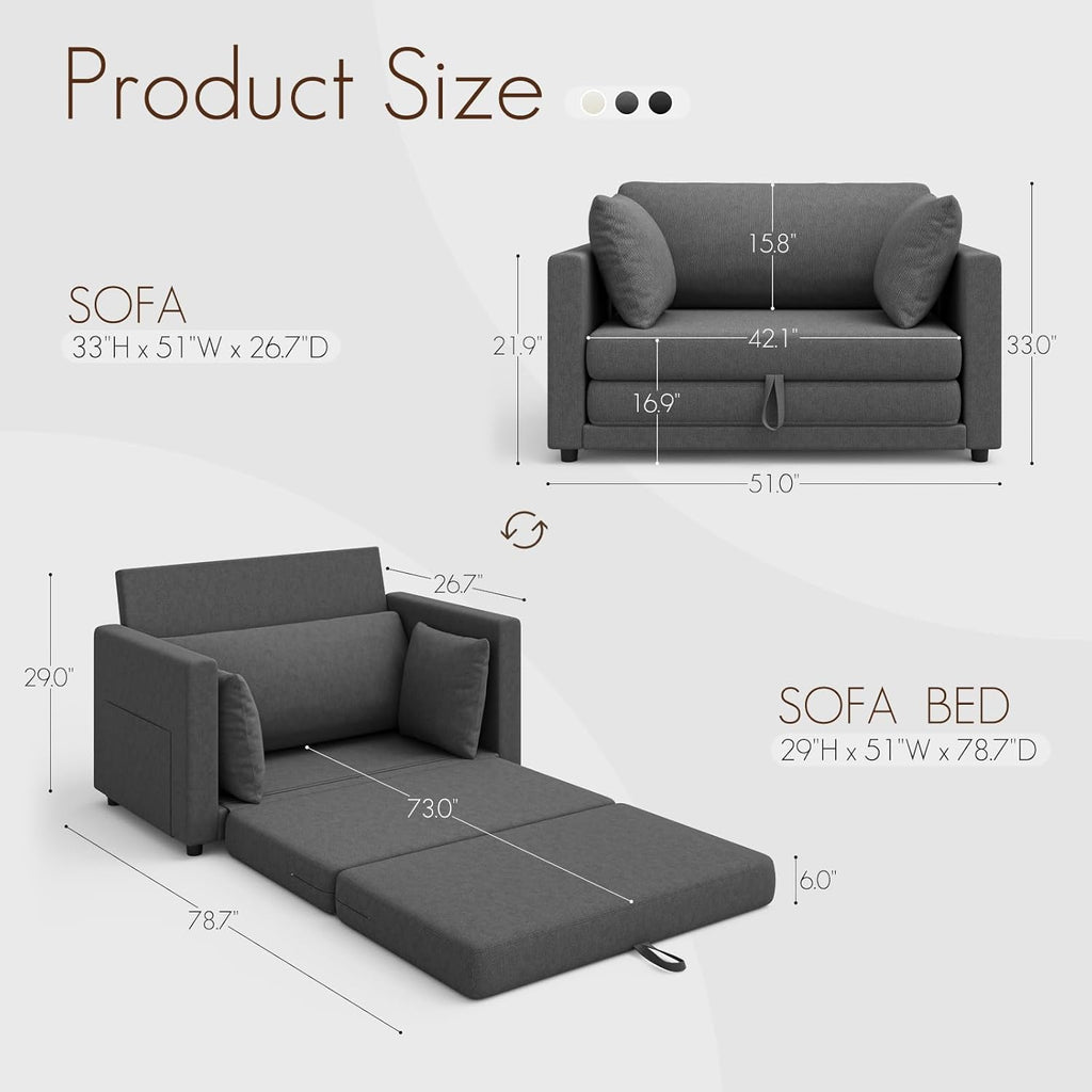 Loveseat Sofa Bed 51 in Folding Couch Bed for Small Space, 2 Persons Reading Chair & Kids Temporary Playing Bed Rest, Dark Gray