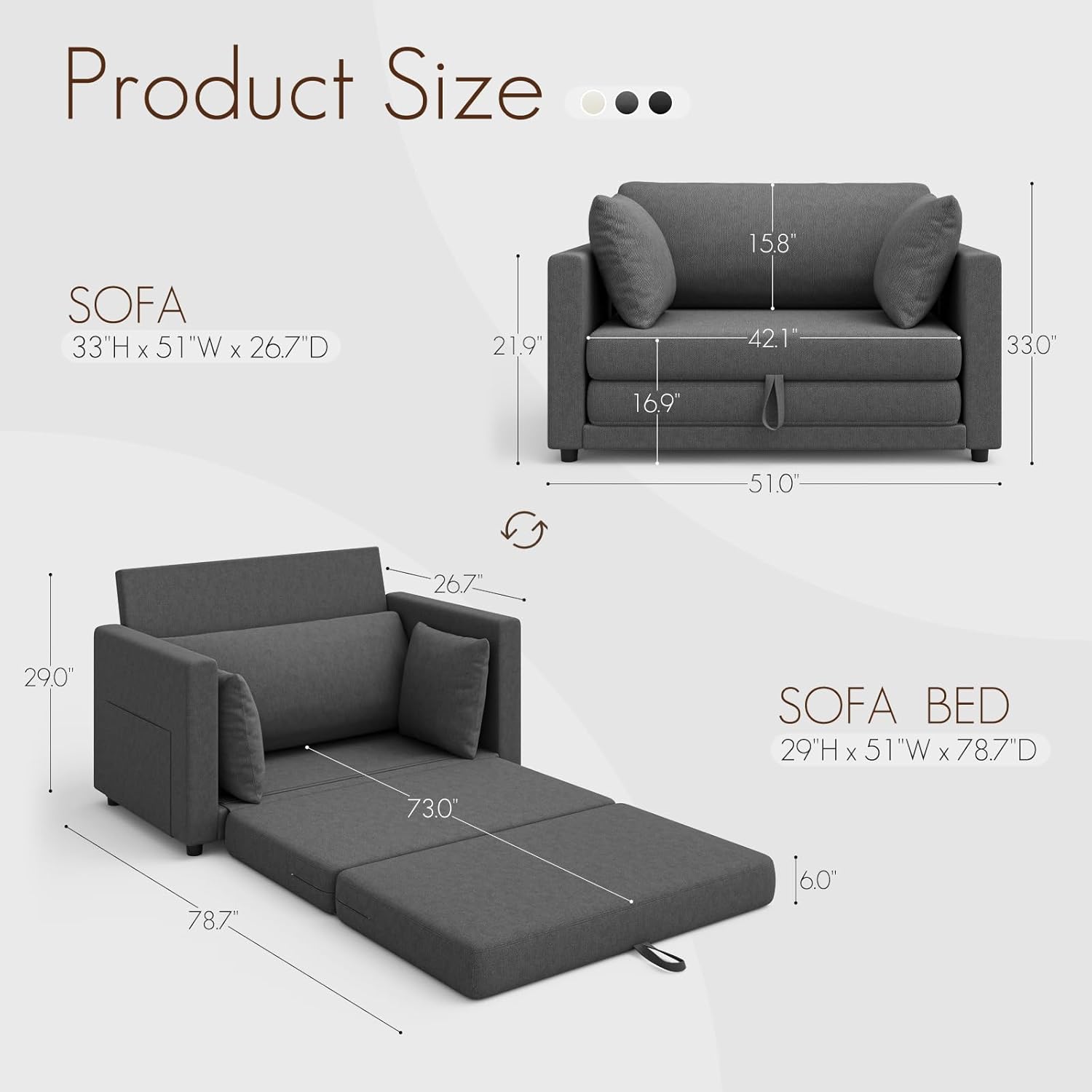 Loveseat Sofa Bed 51 in Folding Couch Bed for Small Space, 2 Persons Reading Chair & Kids Temporary Playing Bed Rest, Dark Gray