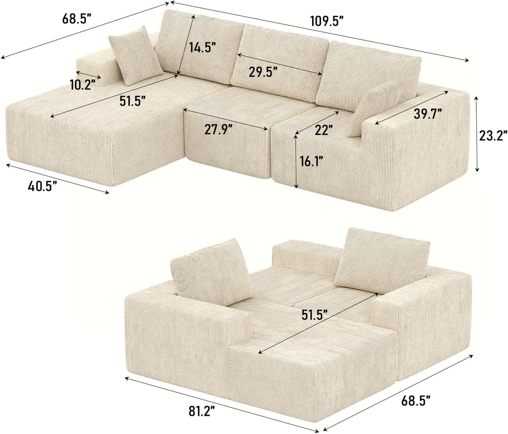 107" L-Shaped Boneless Couch, Cloud Modular Sectional Sofa with Chaise, Upholstered - No Assembly, Deep Seat, Soft Cushions & Backrest, for Living Room, Beige