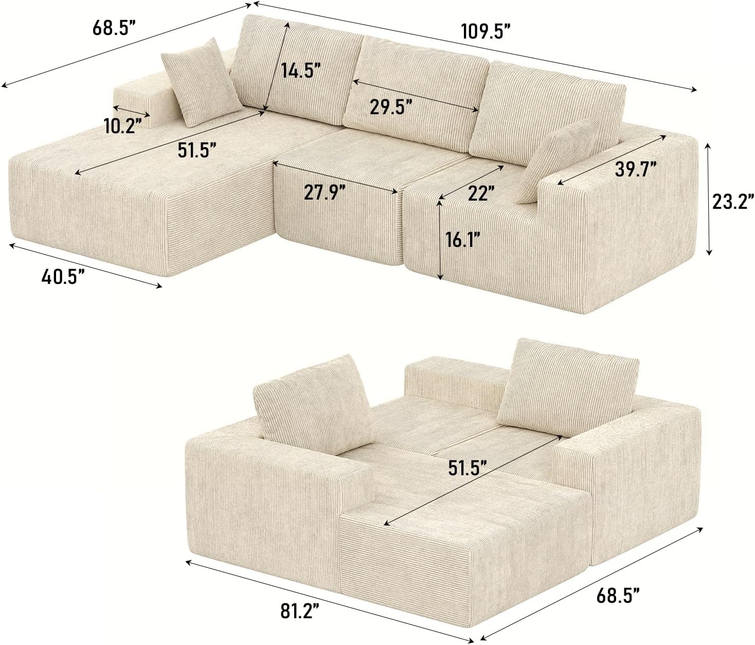 107" L-Shaped Boneless Couch, Cloud Modular Sectional Sofa with Chaise, Upholstered - No Assembly, Deep Seat, Soft Cushions & Backrest, for Living Room, Beige