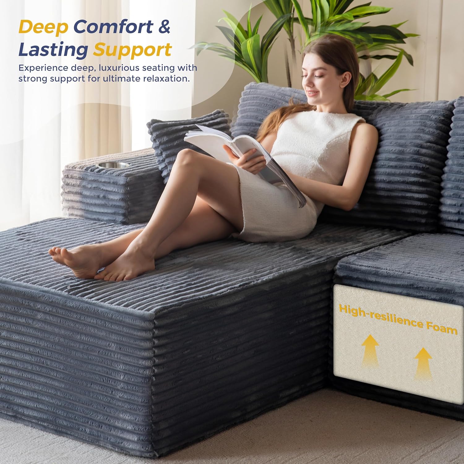 MAXYOYO 104" Modular Sectional Couch with L-Shape Chaise, Modern Boneless Couch for Living Room, Sofa in A Box, Oversized Sofa Sleeper with Deep Seat, No Assembly Required, Dark Grey