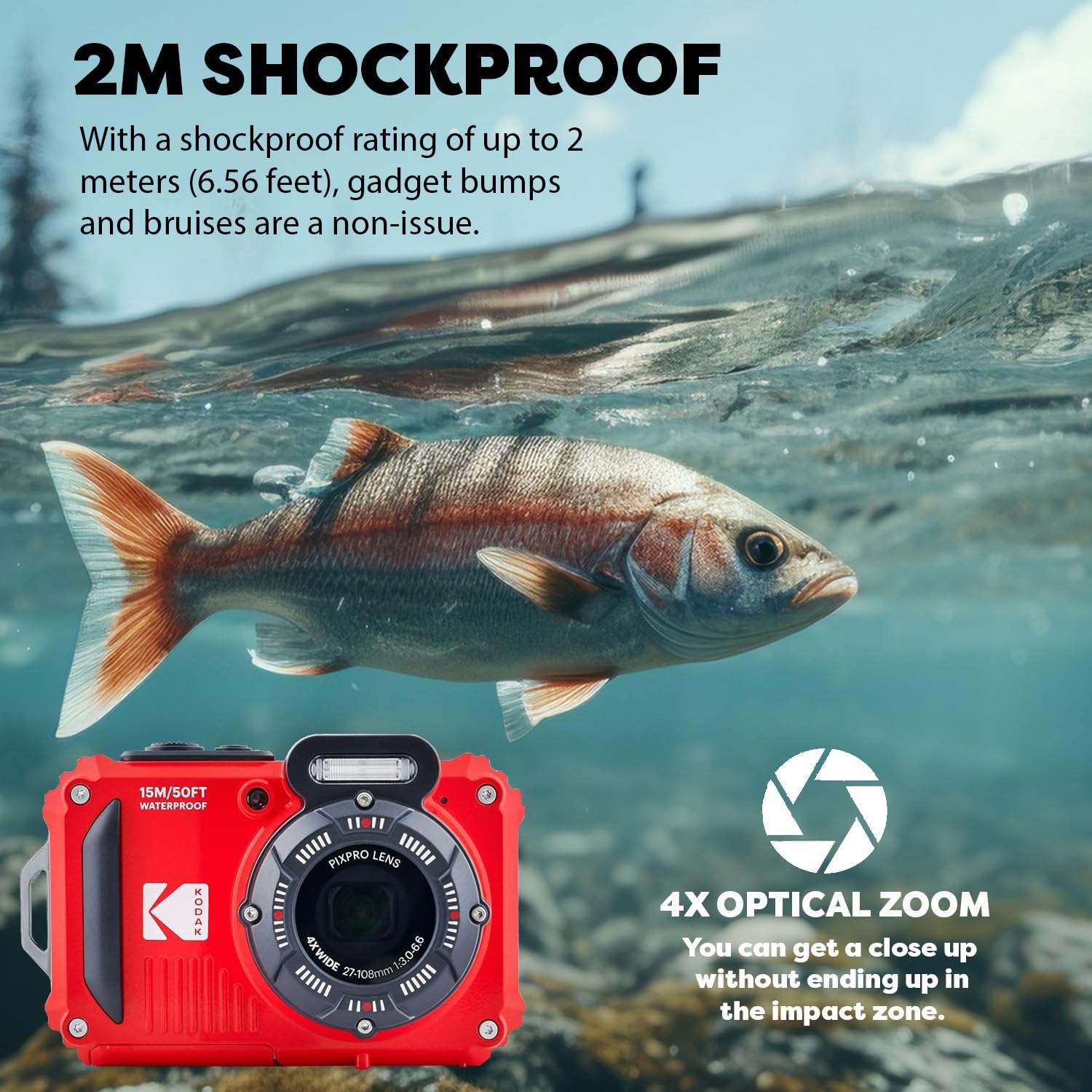 KODAK PIXPRO WPZ2 Rugged Waterproof Digital Camera  Red Bundles with Case  Monopod  Card Reader and More (9 Items)