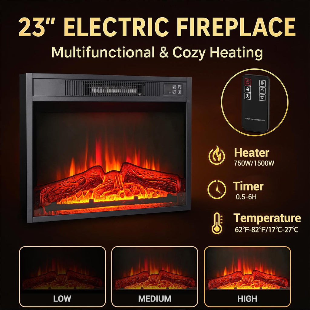 72" Electric Fireplace with Mantel, White TV Stand for TVs Up to 80 Inch, Farmhouse Entertainment Center with Storage for Bedroom,23'' Fireplace Insert Heater for Living Room