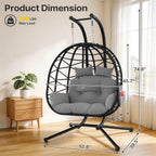 Suteck Double Hanging Egg Chair with Stand, Outdoor Indoor 2 Person Wicker Egg Swing Chair with Cushion, 700lbs Capacity for Patio, Bedroom, Garden - Black