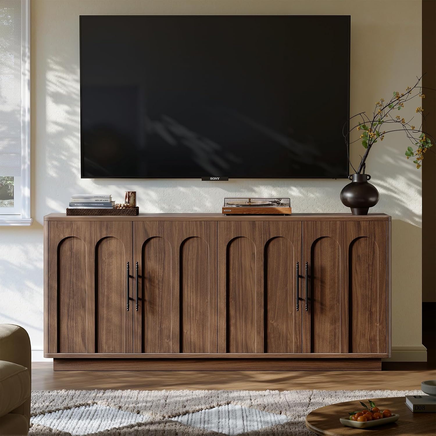 Evermagin 67" Arched Walnut Buffet Cabinet with Storage, Large Credenza with 4 Doors, Wood Mid Century Modern Sideboard for Kitchen and Living Room (67"*31.5"*15.7")
